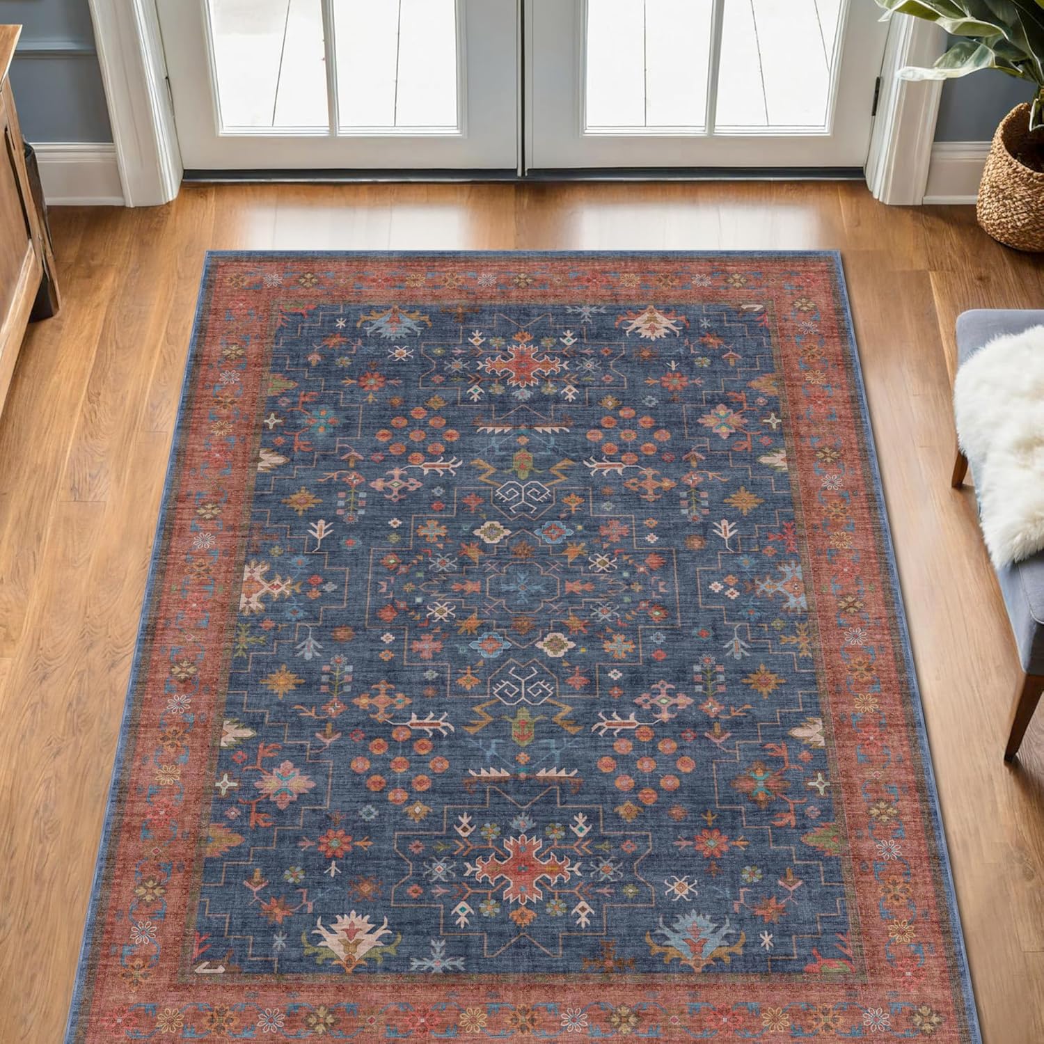 Skiennix Washable Kitchen Rugs - Stain Resistant Non-Slip Area Rug for Entryway | 3x4 Navy Blue