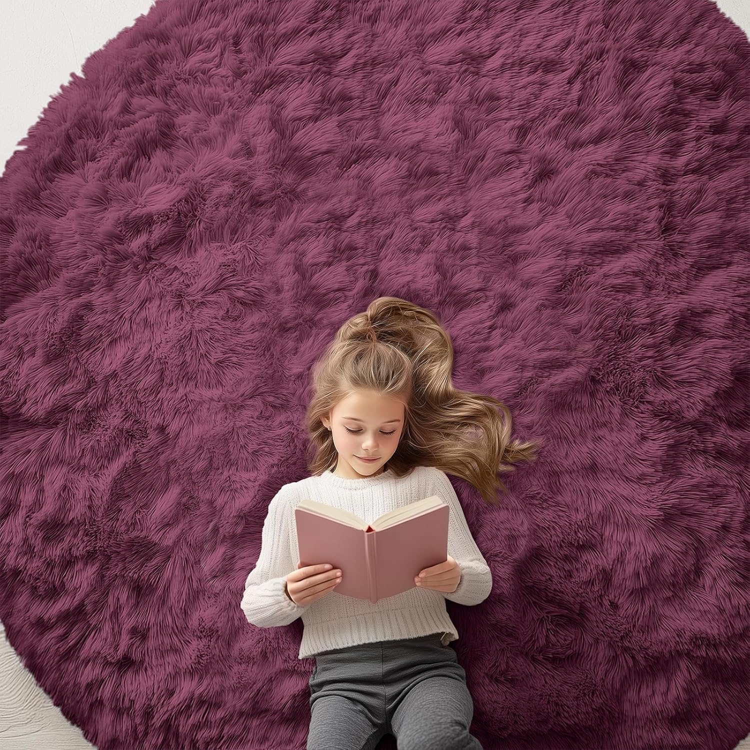 OLANLY Round Burgundy Area Rug - Soft, Machine Washable 7 ft Shaggy Carpet for Bedroom & Living Room Decor