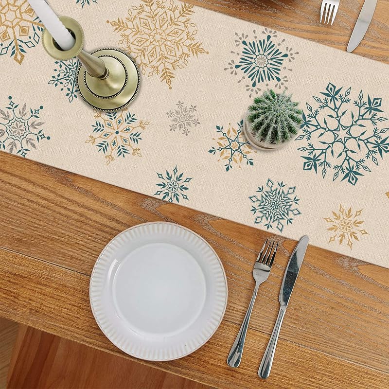 Seliem Winter Gold Blue Snowflakes Table Runner 13" x 90" - Farmhouse Linen