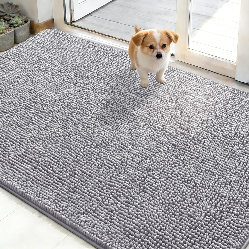 OLANLY Dog Door Mat - Absorbent Non-Slip Mud Mat for Indoor Entryway | Quick Dry Chenille, 50x30, Light Grey