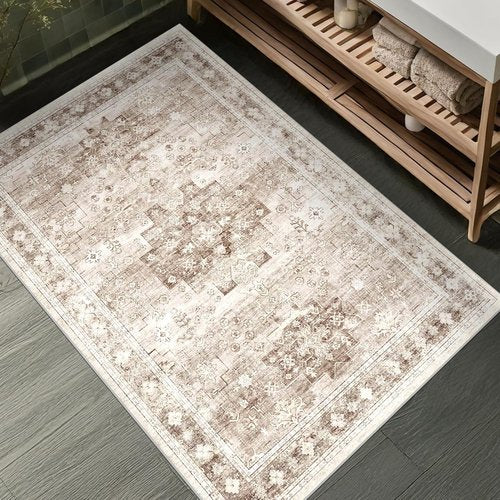 Farmhouse Large Entryway Rug by Washable | Non-Slip, Stain Resistant, 3x6 Beige/Latte for Kitchen & Nursery