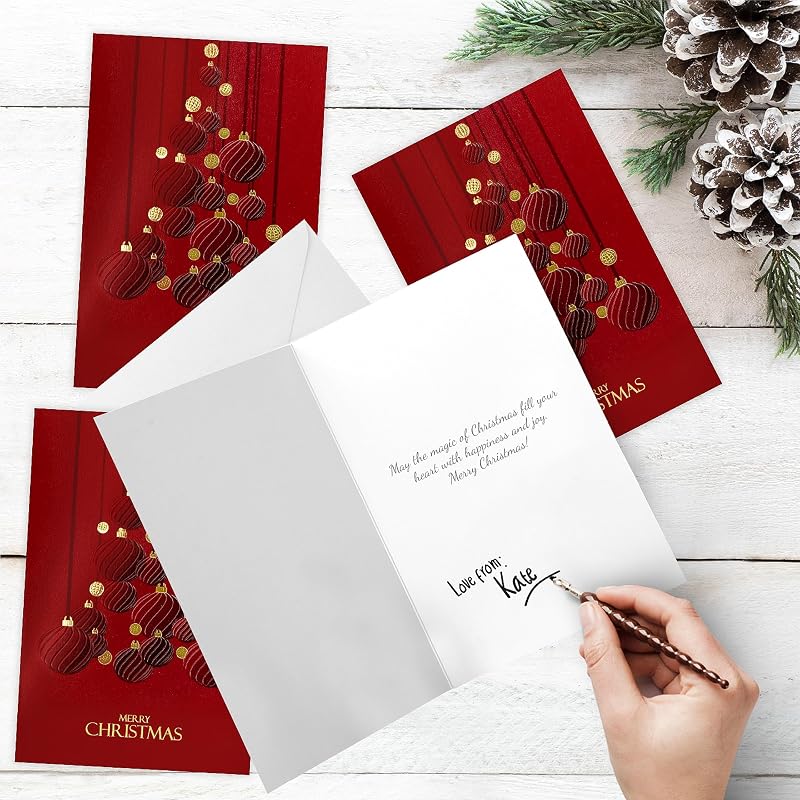 Dark Red Christmas Cards Set 80 with Gold Foil & Embossing, 6.75 x 4.5 Inl Envelopes & Seal Stickers (5 Pack) – Variation: Dark Red+80 Cards