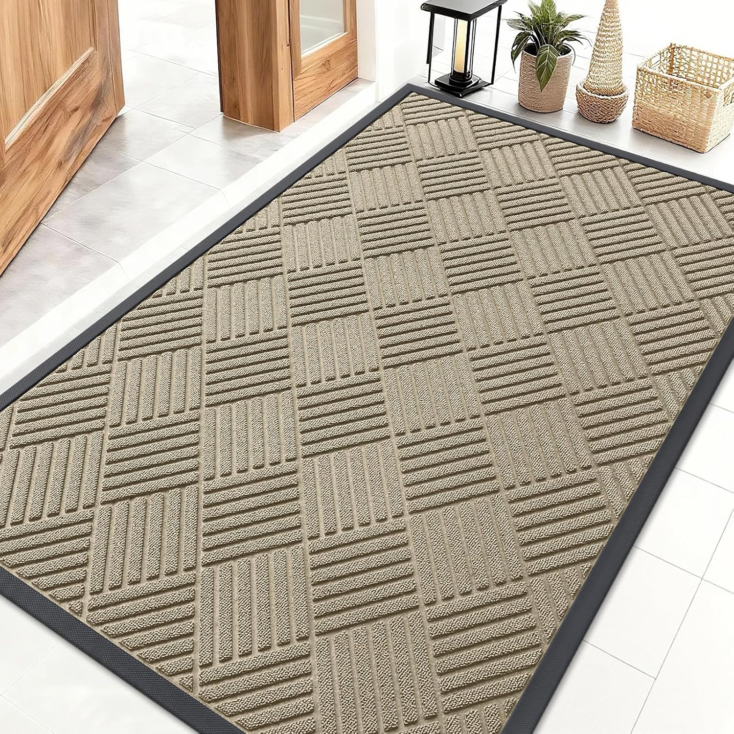OLANLY Heavy-Duty Front Door Mat - Absorbent Natural Rubber, Non-Slip, 47x32, Beige Diamond Design