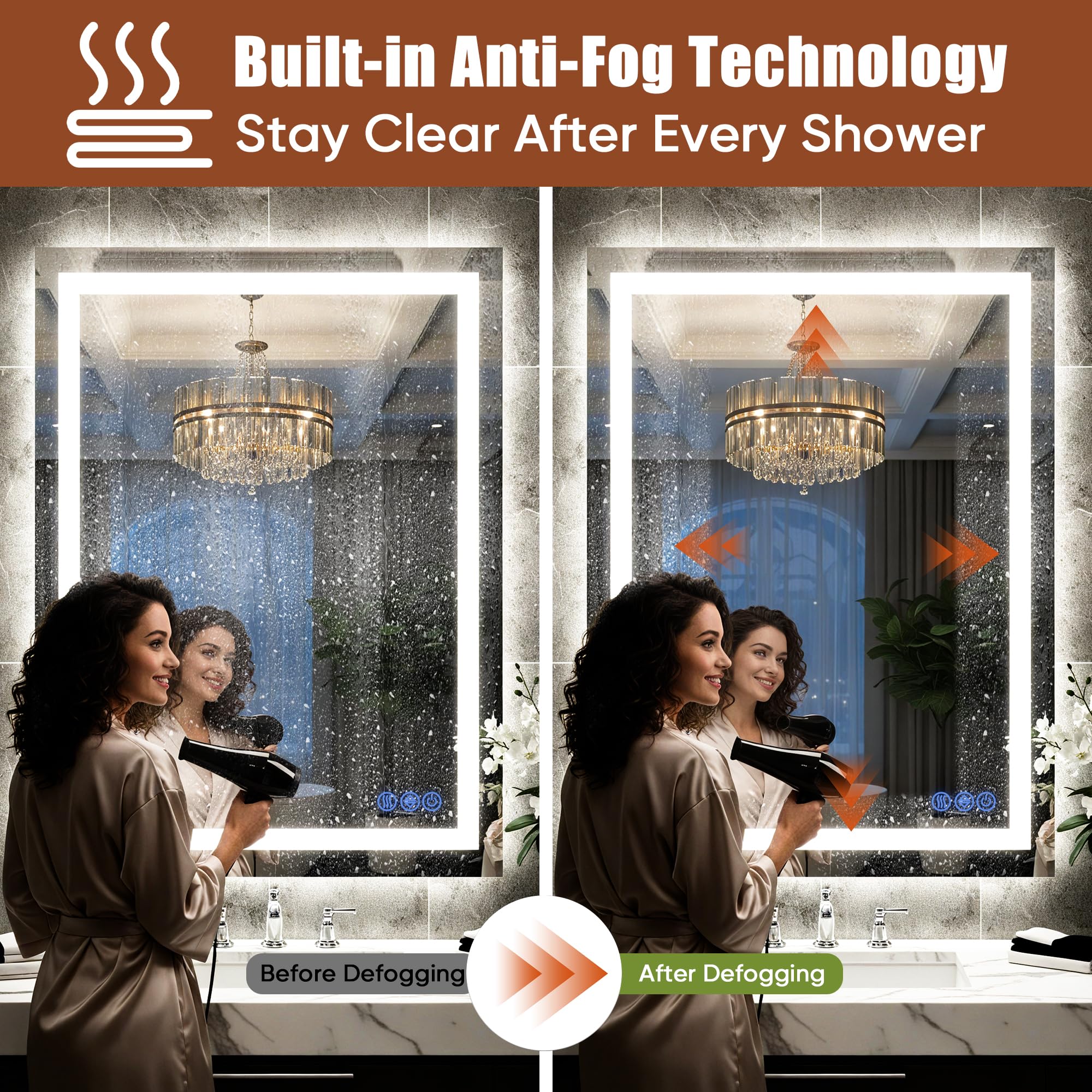 Bimno LED Bathroom Mirror with Lights 24"x32", Wall-Mounted Vanity Mirrors Front & Backlit Light Control Stepless Dimmable Anti-Fog Memory 3 Color Temperatures Shatter-Proof Tempered Glass