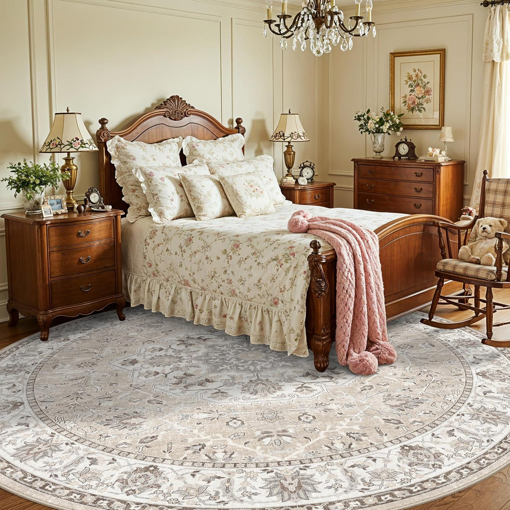 Skiennix Washable 8ft Round Area Rug - Soft, Non-Slip, Stain-Resistant Carpet for Living Room & Bedroom | Beige