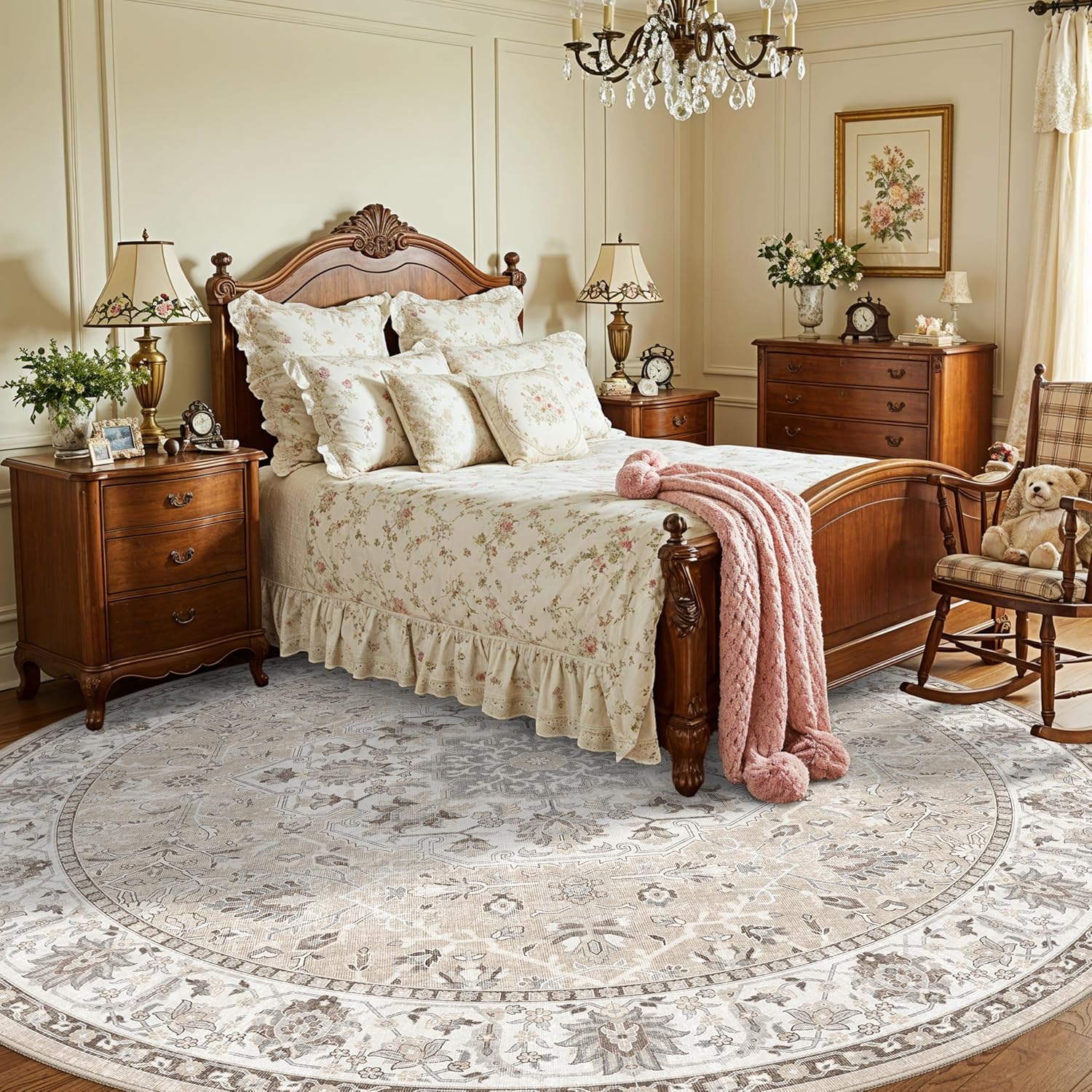 Skiennix Washable 8ft Round Area Rug - Soft, Non-Slip, Stain-Resistant Carpet for Living Room & Bedroom | Beige