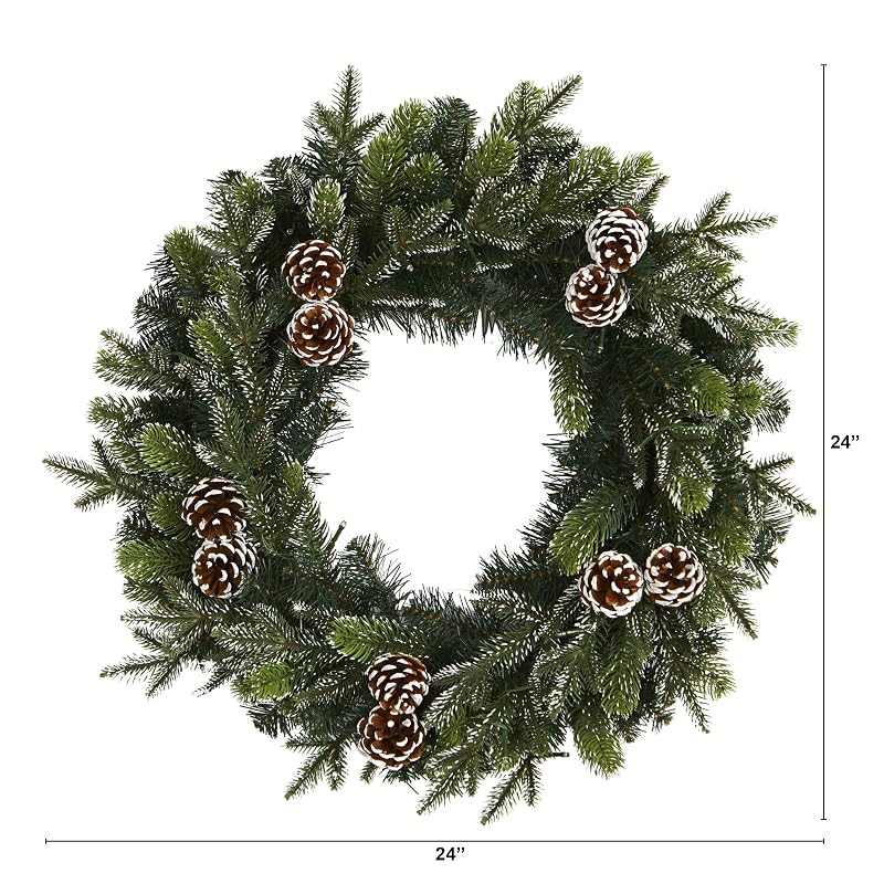 24-Inch Pre-Lit Christmas Wreath with Snowed Pinecones, 35 LEDs