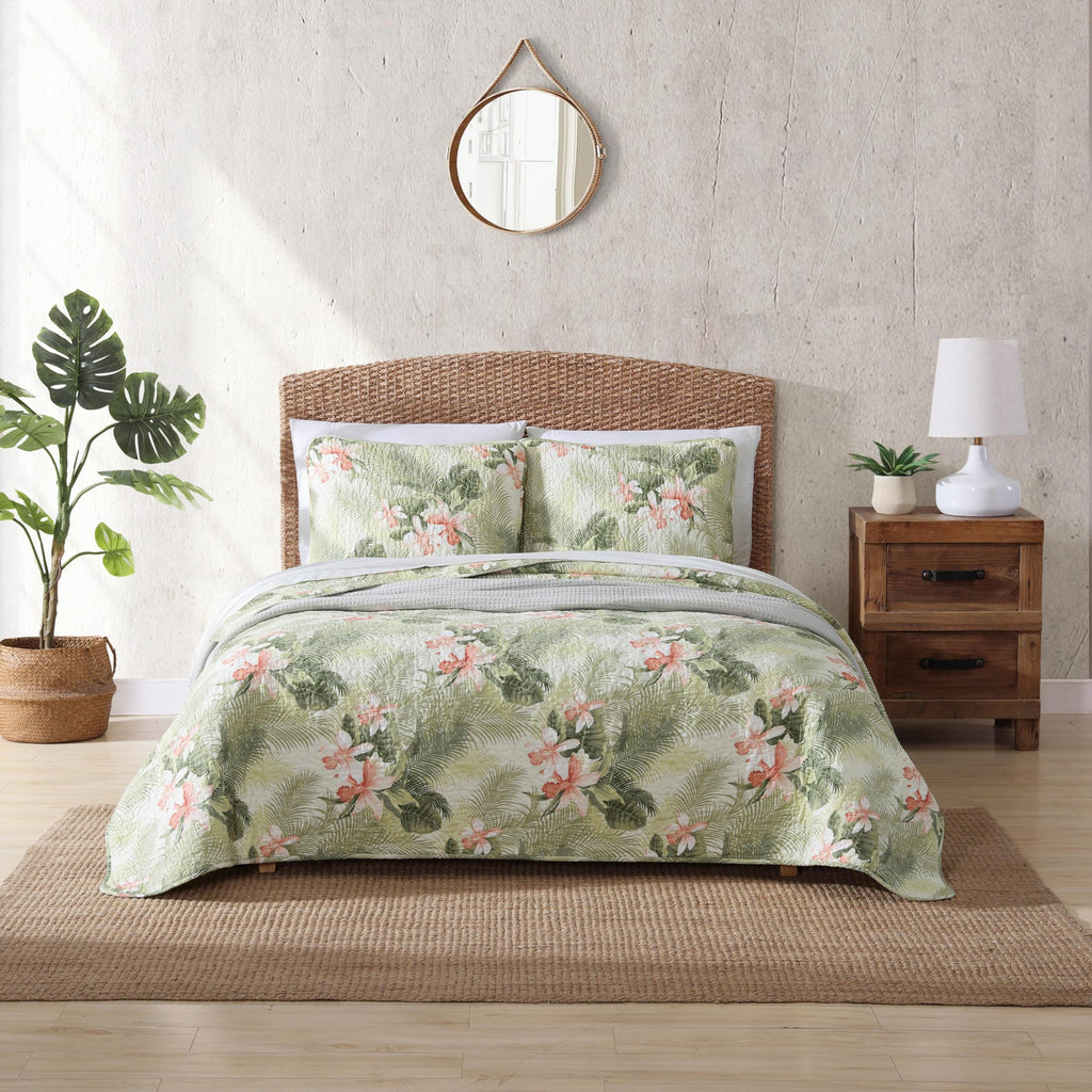 Tommy Bahama - King Quilt Set, Reversible Floral Bedding with Matching Shams, Bedding Set Seasons (Tropical Orchid Green, King)
