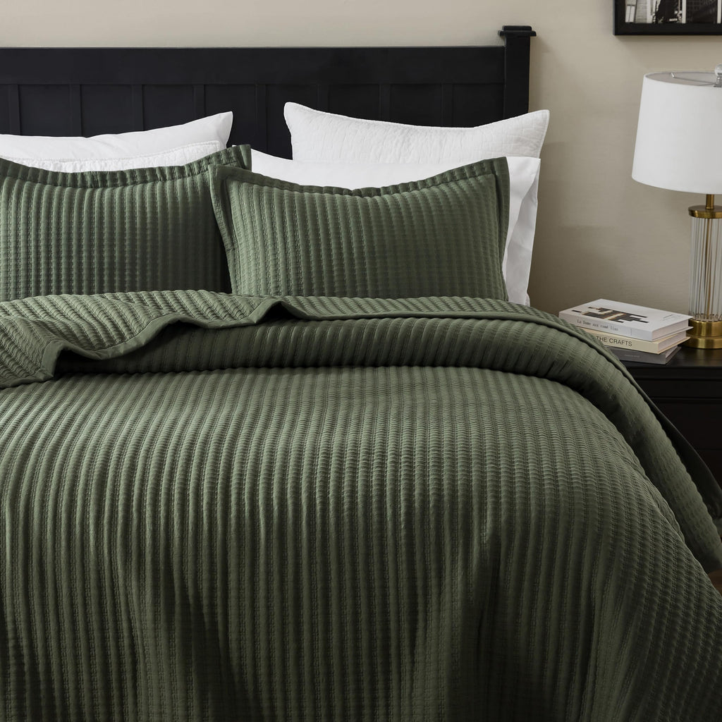 WDCOZY Olive Green Queen Size Quilt Set, Striped Pick Stitch Lightweight Bedspread, Soft Channel Farmhouse Rustic Coverlet, Spring Summer Thin Comforter, Country Bedding, 90x90 inches