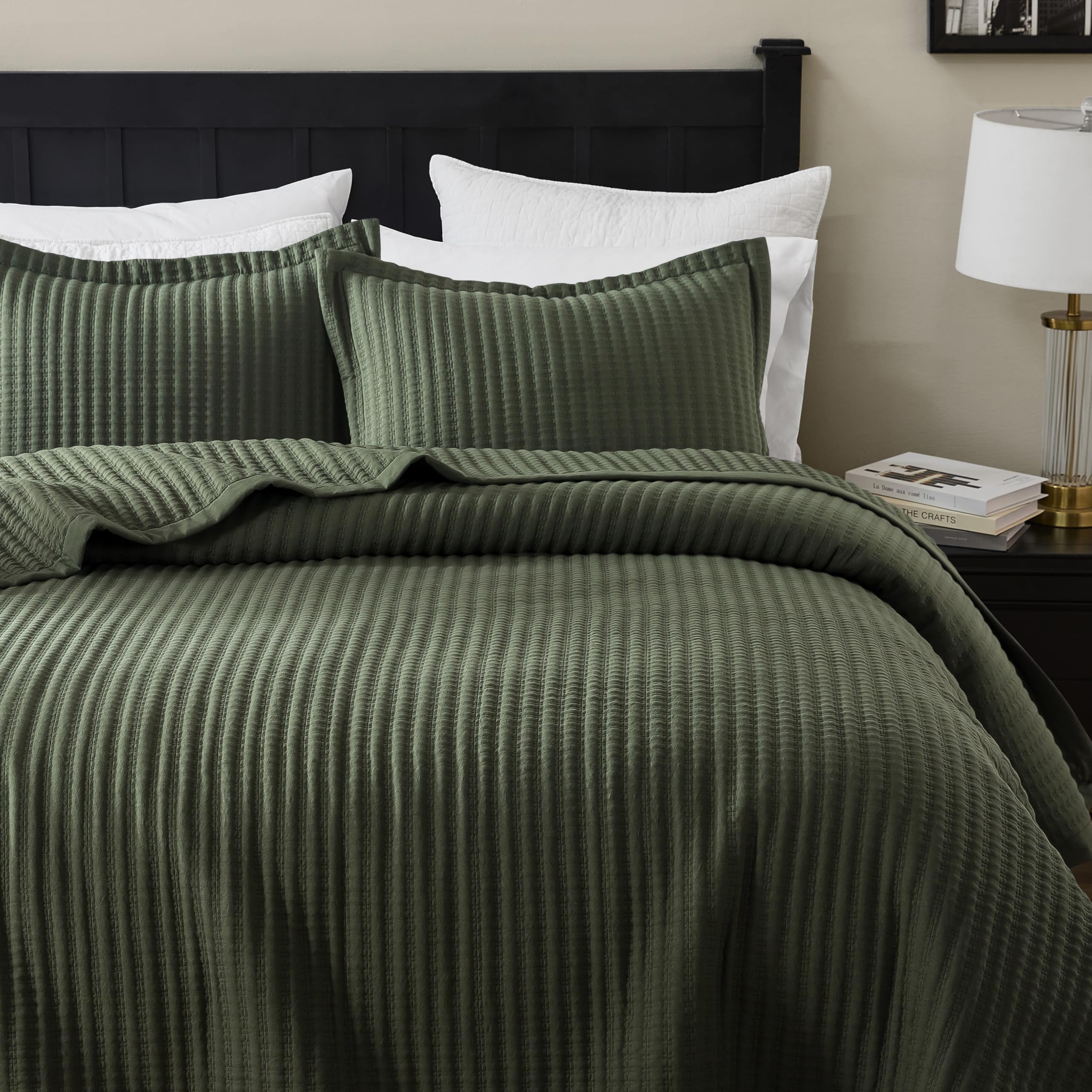 WDCOZY Olive Green Queen Size Quilt Set, Striped Pick Stitch Lightweight Bedspread, Soft Channel Farmhouse Rustic Coverlet, Spring Summer Thin Comforter, Country Bedding, 90x90 inches