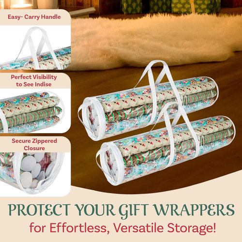 Elf Stor Wrapping Paper Storage Bags - Clear Totes with Handles for 30-Inch Roll Organization