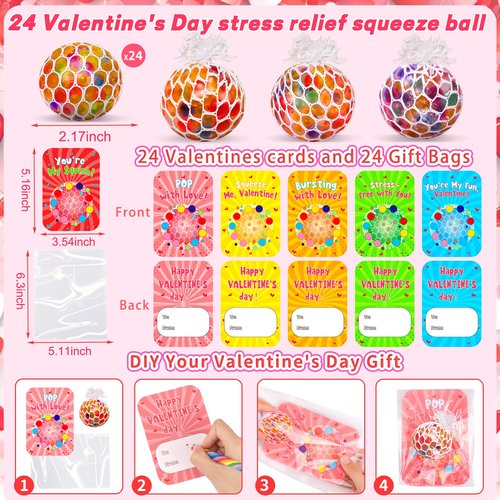 24 Pack Valentines Day Gifts for Kids Classroom Fidget Stress Balls with Valentines Cards for Kids School, Stress Relief Toys Squeeze Balls for Boys Girls Classroom Exchange Gifts Class Party Favors