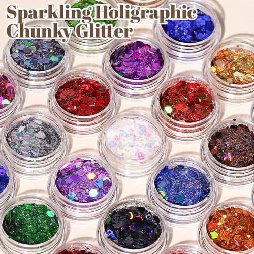 LEOBRO Holographic Chunky Glitter - 24 Jars for Crafts, Makeup, Nail Art & Party Decor