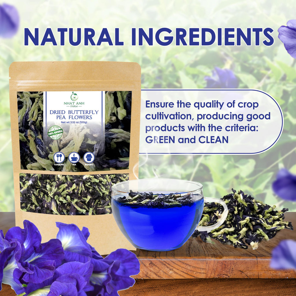Nhat Anh Farm - Premium Dried Butterfly Pea Flower - 3,5oz(100g) Blue Butterfly Pea Flower - 100% Natural & Pure, Sugar/Caffeine/Gluten Free - For Making Tea