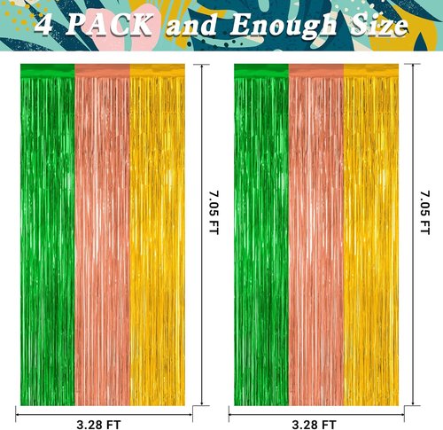 Hawaiian Party Decorations - 4 Pack Tinsel Backdrop | 3.28 FT x 7.05 FT Metallic Luau Decor