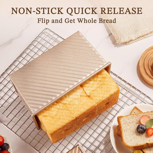 KITESSENSU Non-Stick Pullman Loaf Pan Set - 2 Pack with Lid, 1 lb Capacity, Gold Carbon Steel Bakeware