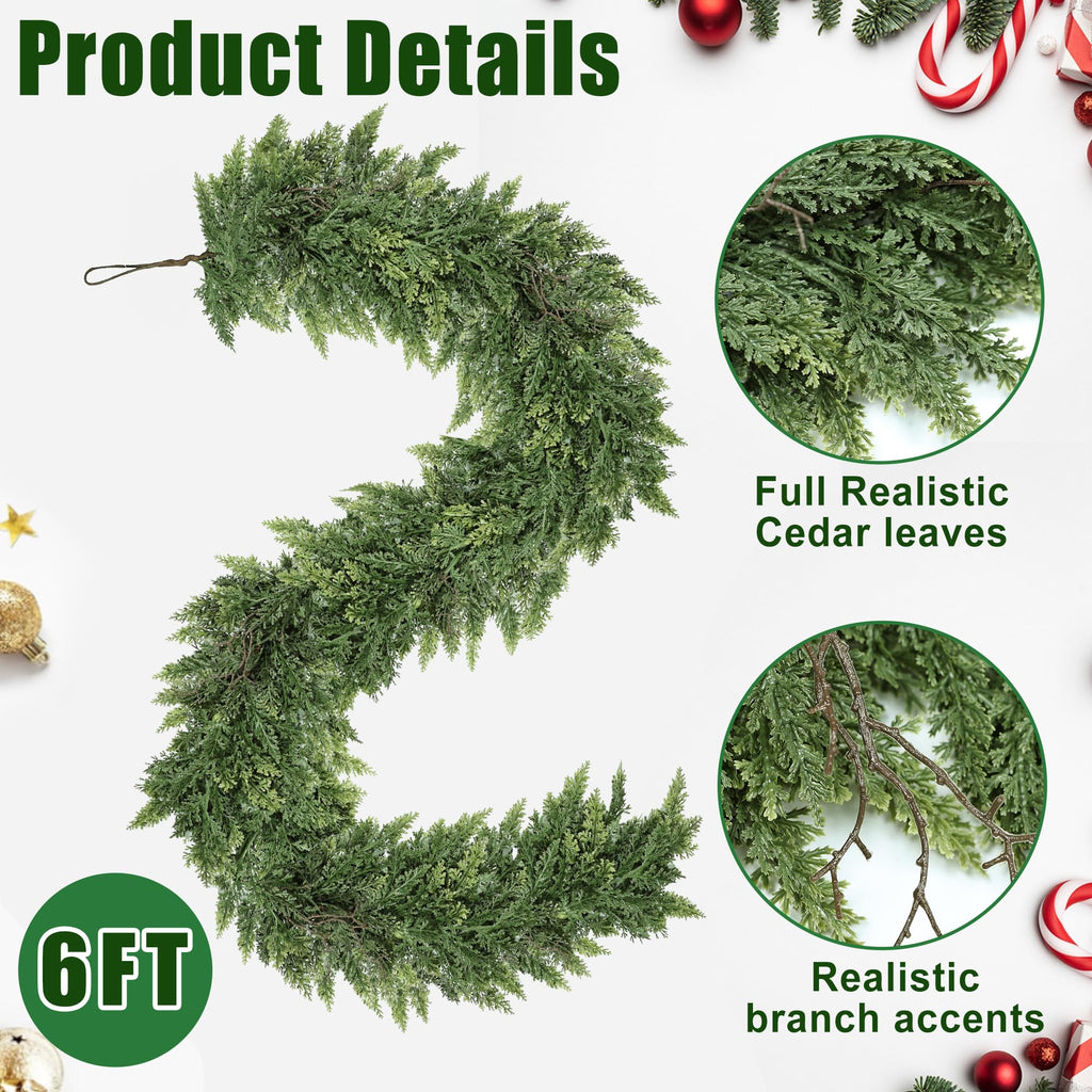 MDSTBN 6ft Christmas Garland Realistic Soft and Thickness Green Faux Cedar Pine Garland Artificial Cedar Cypress Garland for Home Fireplace Wall Indoor Outdoor Holiday Party Home Decoration