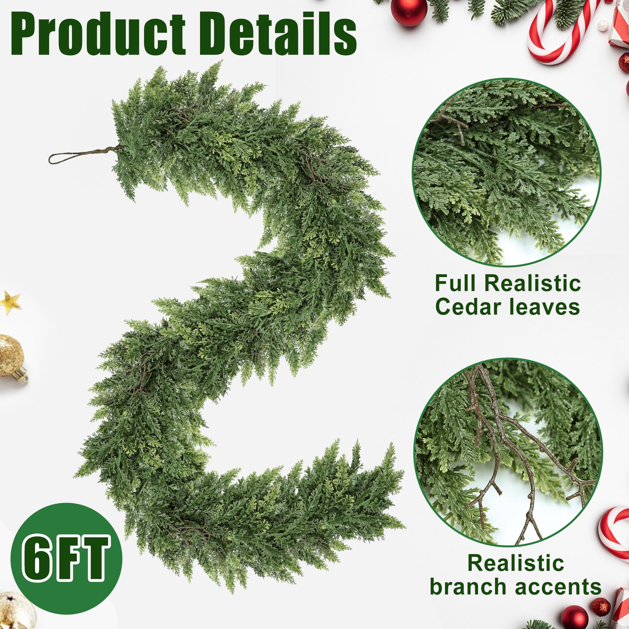 MDSTBN 6ft Christmas Garland Realistic Soft and Thickness Green Faux Cedar Pine Garland Artificial Cedar Cypress Garland for Home Fireplace Wall Indoor Outdoor Holiday Party Home Decoration