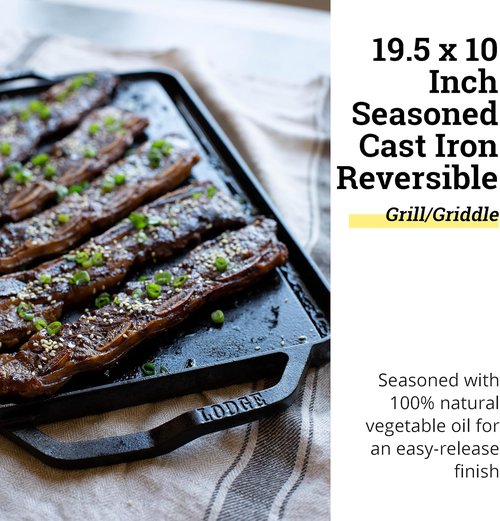 Lodge Cast Iron Reversible Grill Griddle - 19.5" X 10" - Perfect for Indoor & Outdoor Cooking - Superior Heat Retention