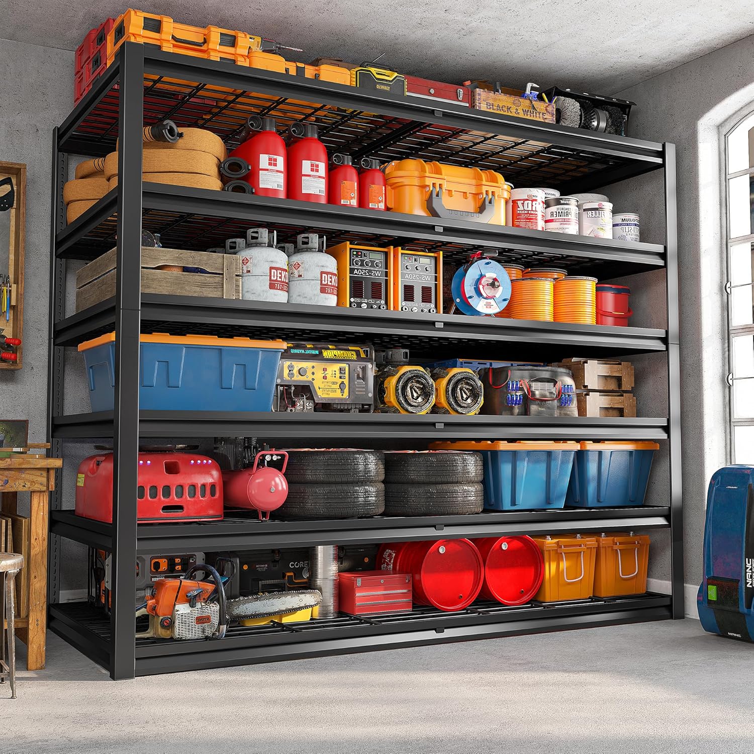 REIBII Heavy Duty Garage Shelving - Adjustable 6-Tier Metal Storage Unit, 55" W x 26" D x 84" H, Black | 3 Pack