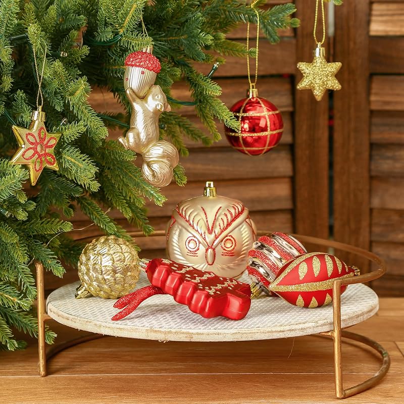 Christmas Tree Ornaments Set 96pcs - Shatterproof Plastic Baubles with Forest Animal Designs in Red & Gold