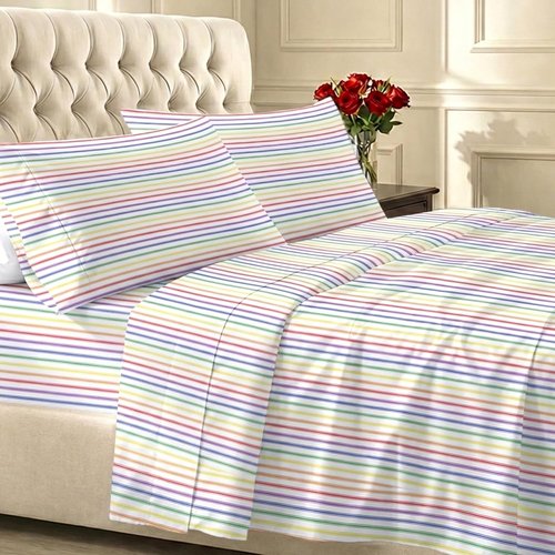 California Design Den Queen Size Cotton Sheet Set - 100% Soft Cotton, 400 TC, Award-Winning Sateen Finish, Deep Pockets - Rainbow Stripe