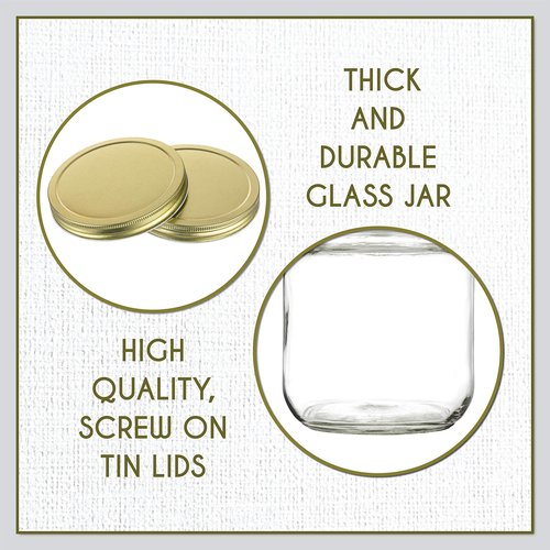 kitchentoolz Half Gallon Mason Jar Wide Mouth with Airtight Metal Lid - Safe for Fermenting Kombucha Kefir - Curing Pickling, Storing and Canning - BPA-Free Dishwasher Safe (Gold Lid, 4)