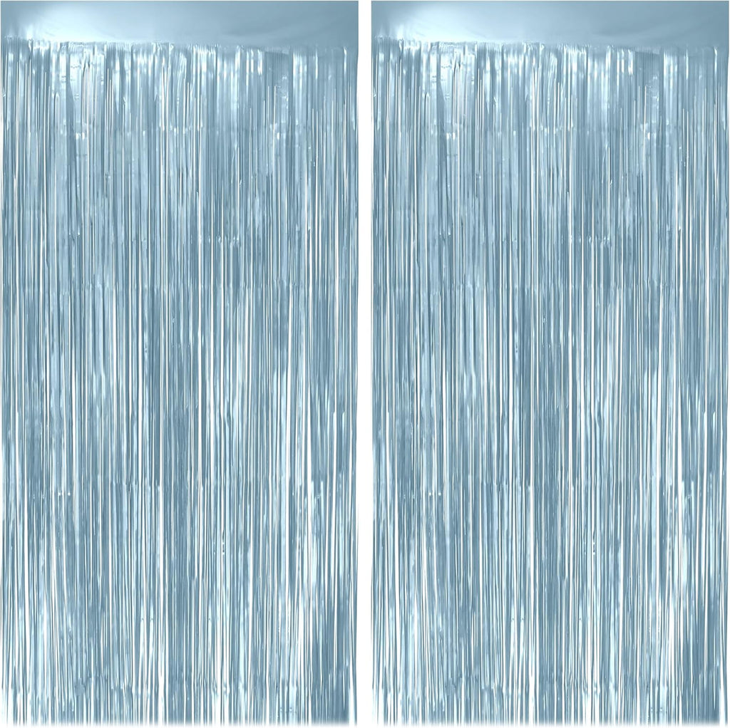 Skiennix 2 Pack Metallic Light Blue Fringe Backdrop - 3.2x8.2ft Shining Foil Tinsel Curtains for Parties & Events