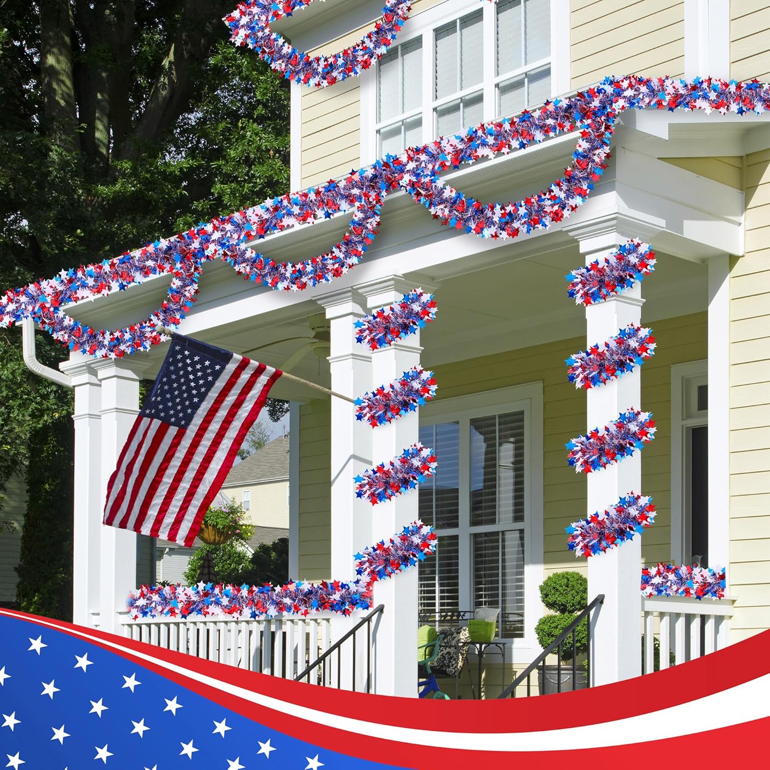 Regine Switzerland Patriotic Glitter Tinsel Garland - 52.5Ft Red, White & Blue Metallic Decor for 4th of July Celebrations