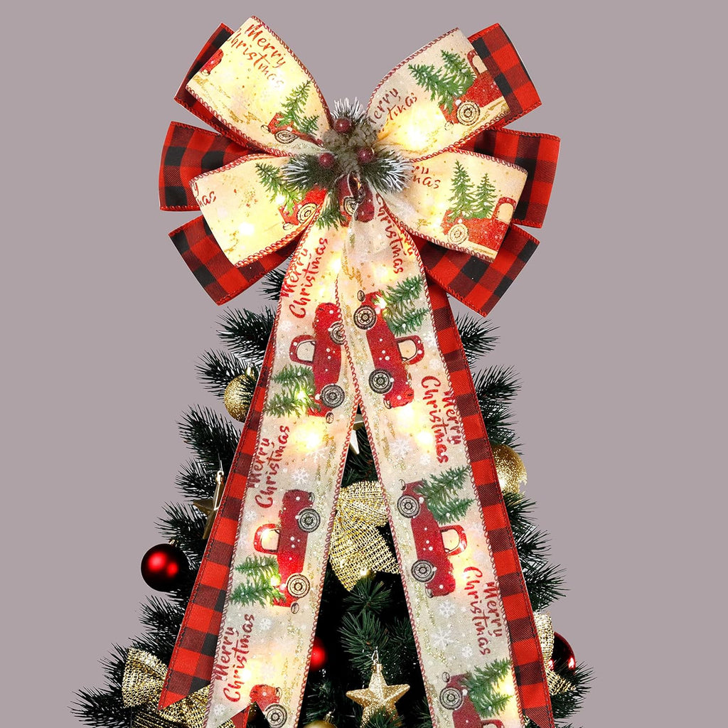 Regine Switzerland Christmas Tree Topper Bow - 30 LED Lights, 13”x25” Rustic Red Black Buffalo Plaid Decor
