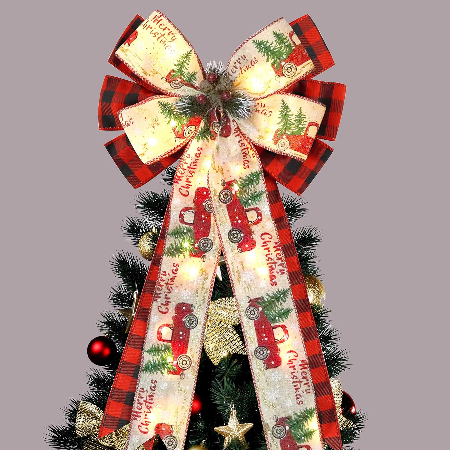 Regine Switzerland Christmas Tree Topper Bow - 30 LED Lights, 13”x25” Rustic Red Black Buffalo Plaid Decor