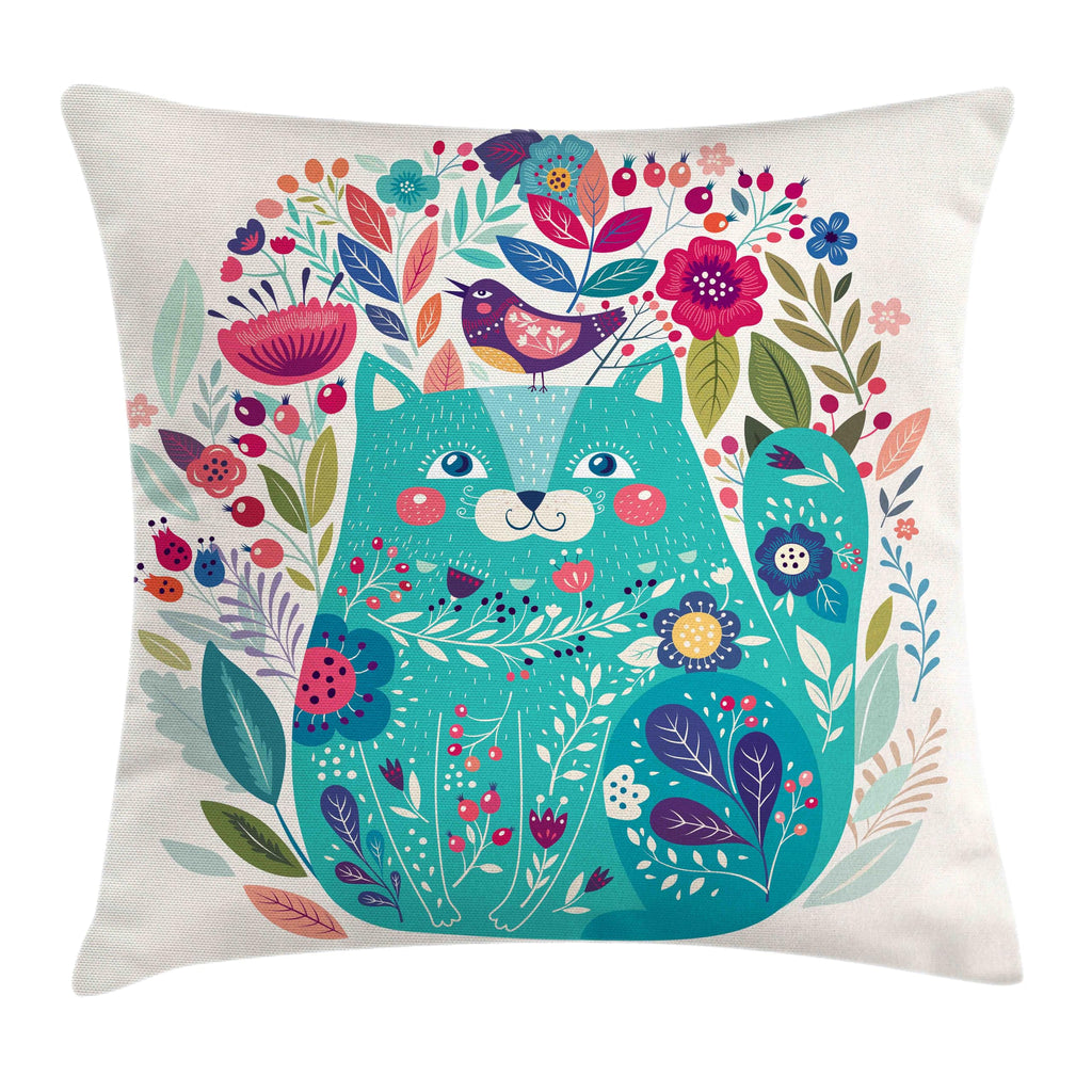 Ambesonne Cat Throw Pillow Cushion Cover, Kitty Surrounded by Birds Flowers Ladybugs Inspirational Folk Theme, Decorative Square Accent Pillow Case, 18" X 18", Multicolor Seafoam