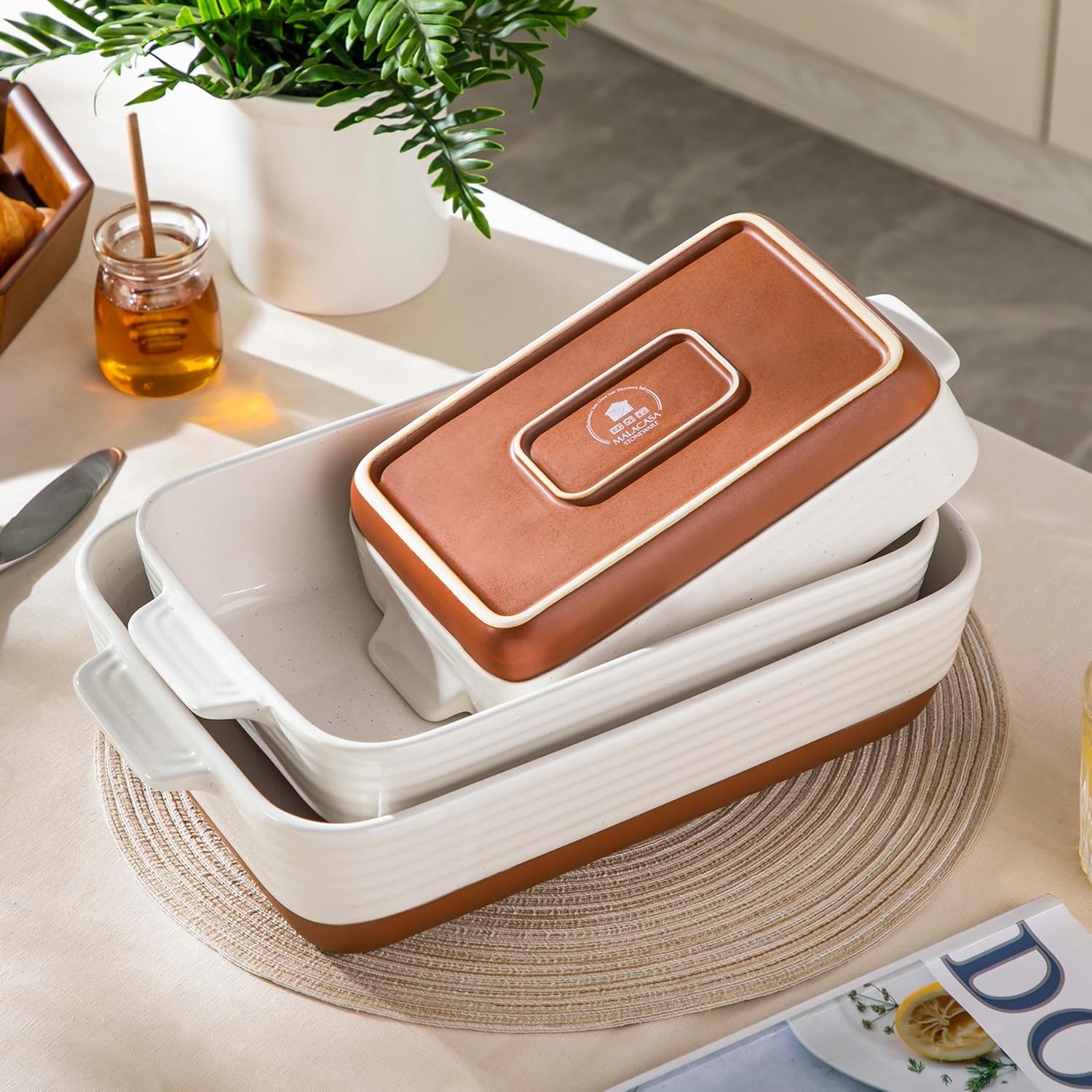 MALACASA Casserole Dishes Set - Ceramic Baking Pan Set of 3 with Handles - Rectangular Lasagna Dish in Khaki White (14.5''/13''/10.5'') | Series TARA