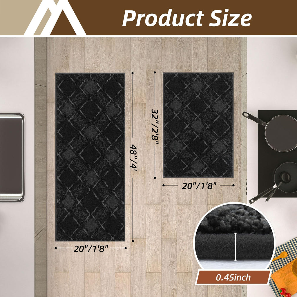 COSY HOMEER Kitchen Rugs and Mats Sets 2PCS Non-Slip Soft Kitchen Mats for Floor Absorbent and Stain Resistant Kitchen Floor Mat Washable Plaid Rugs for Kitchen,20"x32"+20"x48",Dark Grey