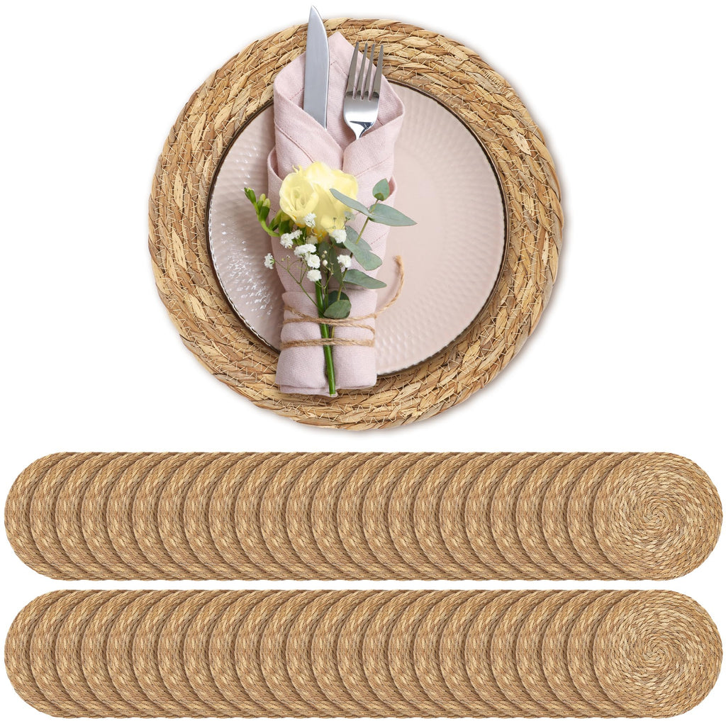 Aneco 48 Pack 12-Inch Round Woven Placemats Natural Hand-Woven Boho Rattan Wicker Bulrush Placemat Farmhouse Rustic Braided Table Mats for Dining & Kitchen Decor