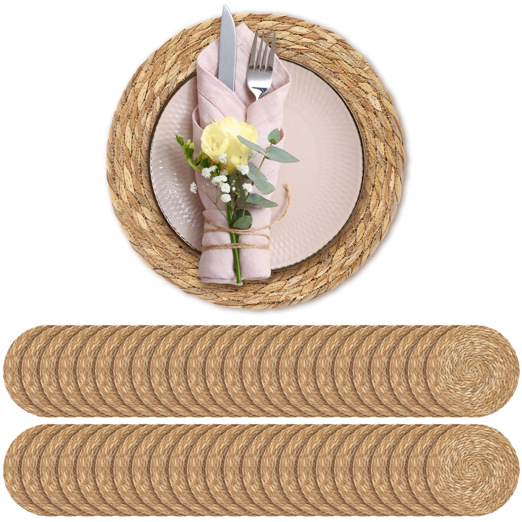 Aneco 48 Pack 12-Inch Round Woven Placemats Natural Hand-Woven Boho Rattan Wicker Bulrush Placemat Farmhouse Rustic Braided Table Mats for Dining & Kitchen Decor