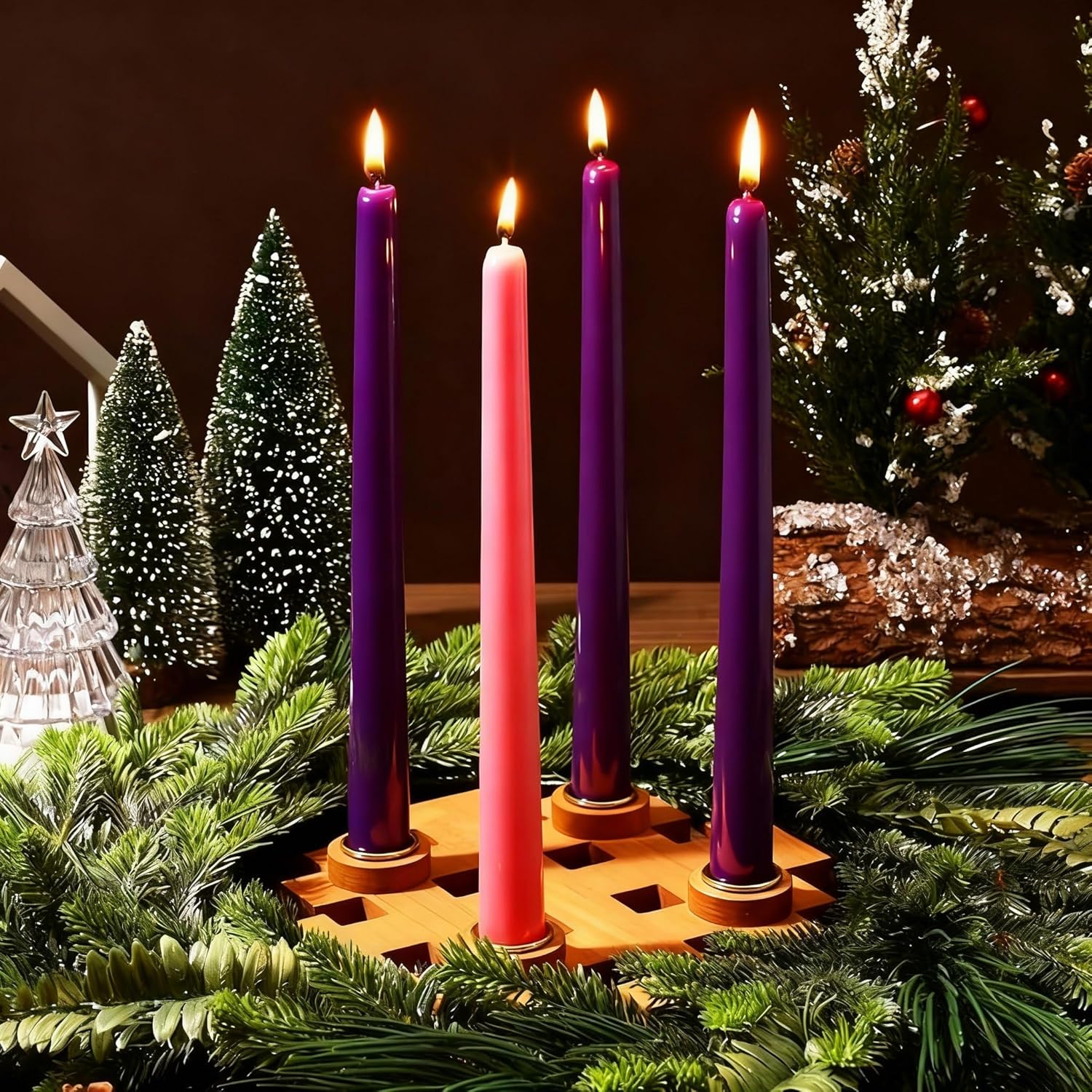 Mumufy Advent Candle Holder Set - 5 Pcs Snowflake Wooden Holders with Purple & Pink Taper Candles
