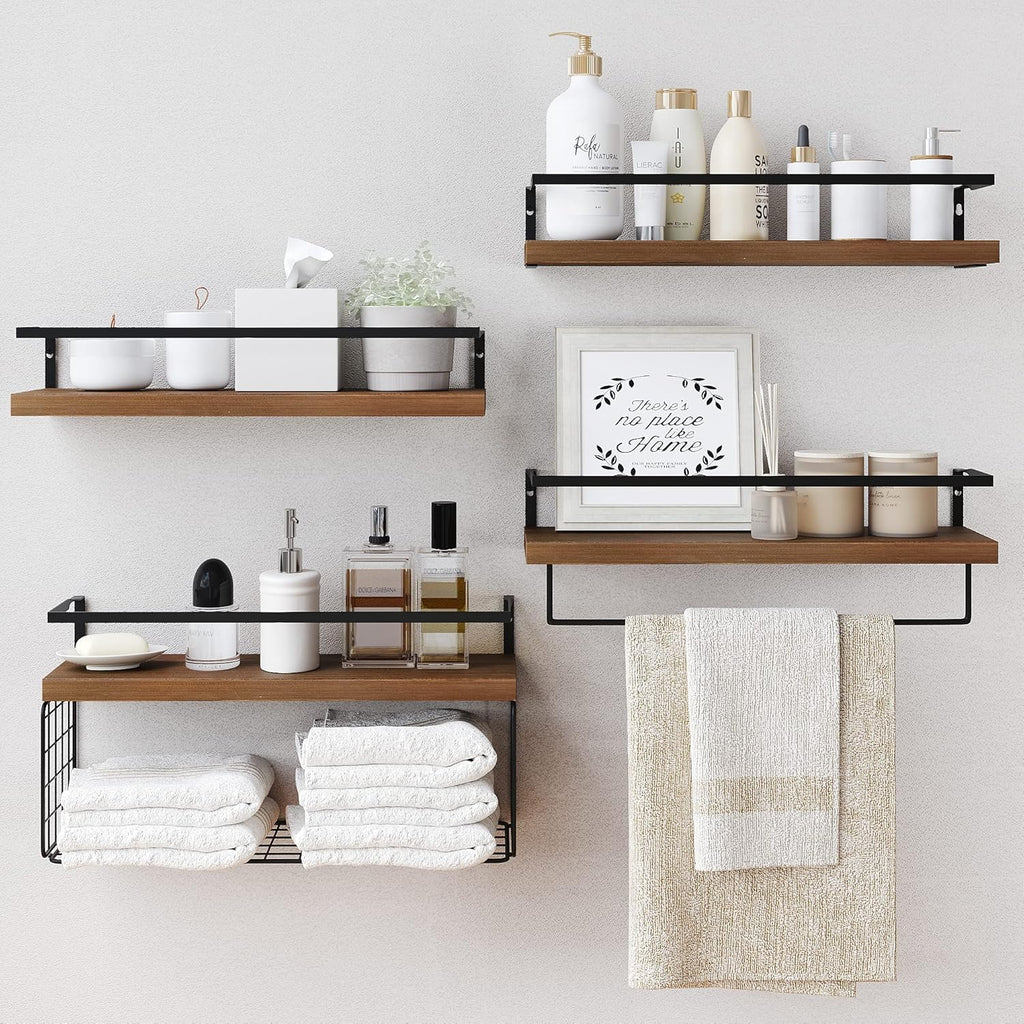 Wood Floating Shelves by [Brand Name] - Rustic Wall-Mounted 4-Tier Bathroom Shelf Set with Basket & Towel Bar