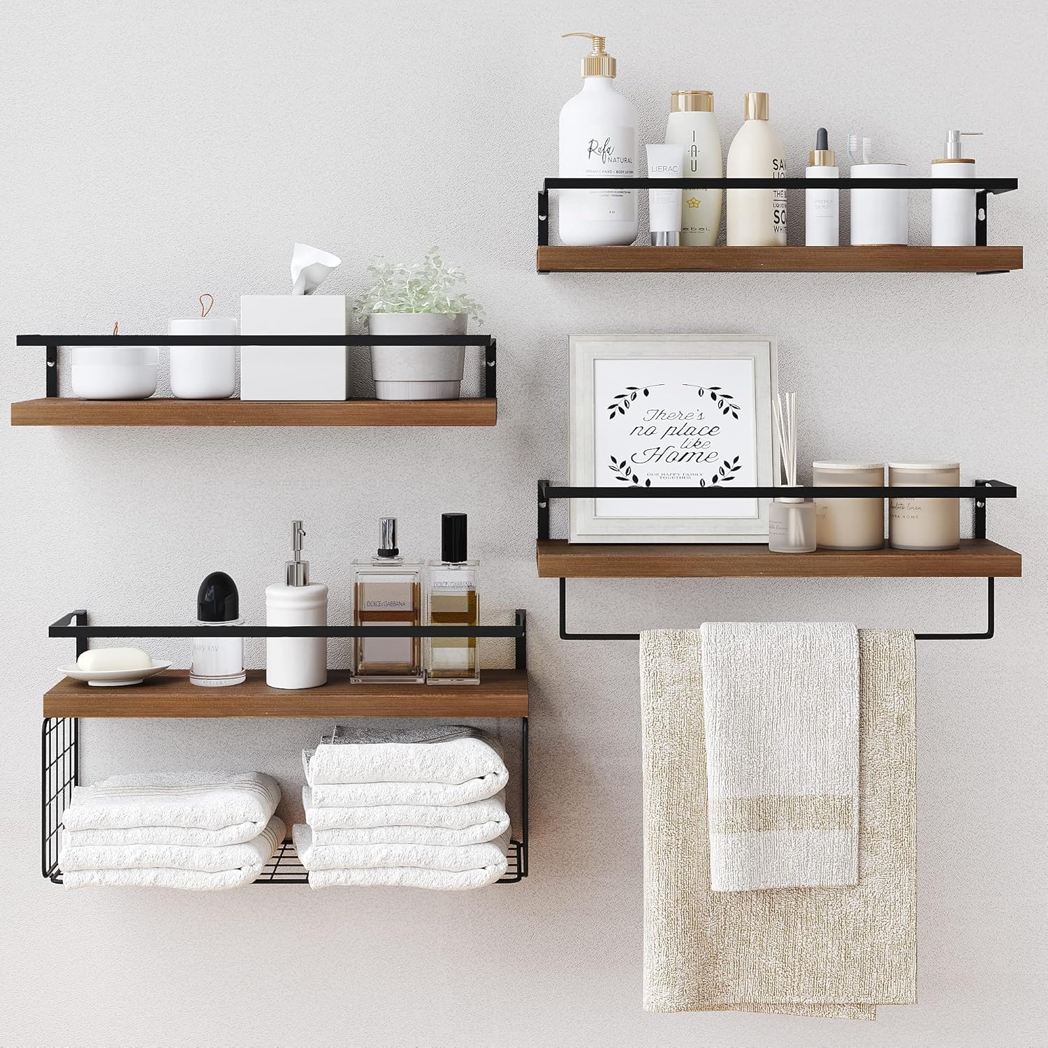 Wood Floating Shelves by [Brand Name] - Rustic Wall-Mounted 4-Tier Bathroom Shelf Set with Basket & Towel Bar