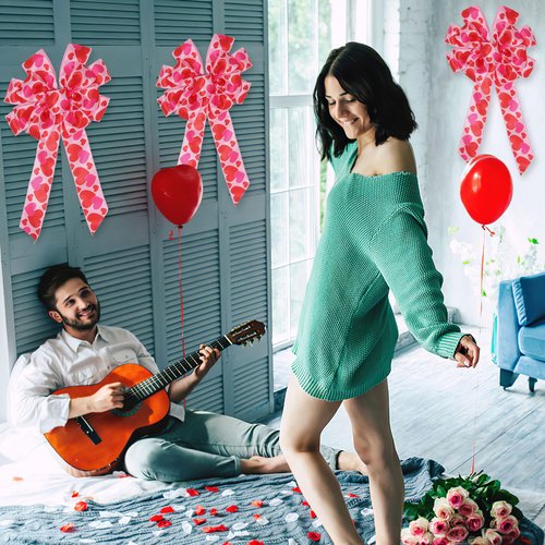 2Pcs Valentine's Day Bows, Pink Valentine's Day Wreath Bow With Heart Printed Gift Bow Tree Topper for Valentine's Day Wedding Holiday Mother's Day Front Door Wreath Indoor Outdoor Home Decorations