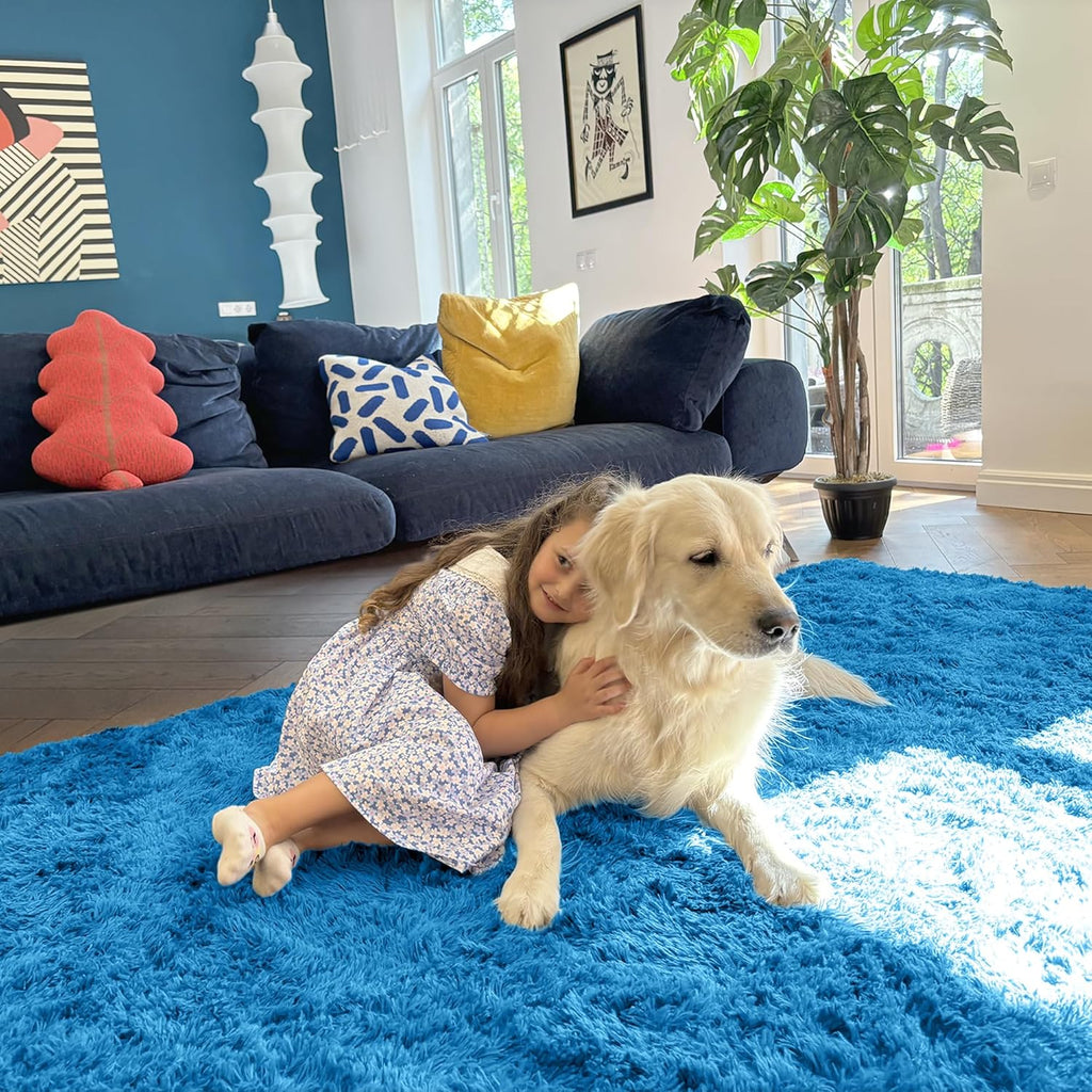 OLANLY Soft Fluffy Shaggy Bedside Rug - Machine Washable 2x3 Entryway Carpet in Bright Blue
