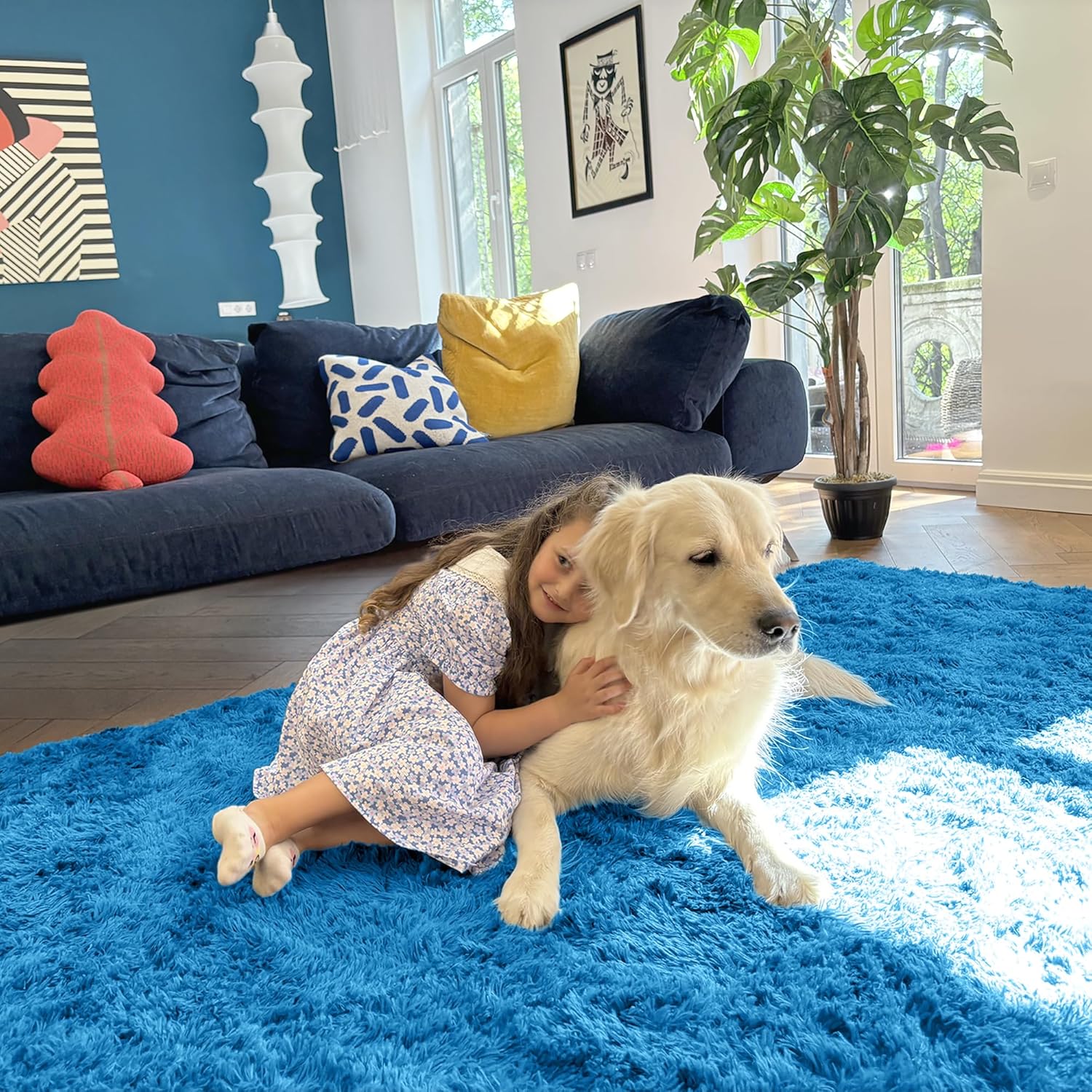 OLANLY Soft Fluffy Shaggy Bedside Rug - Machine Washable 2x3 Entryway Carpet in Bright Blue