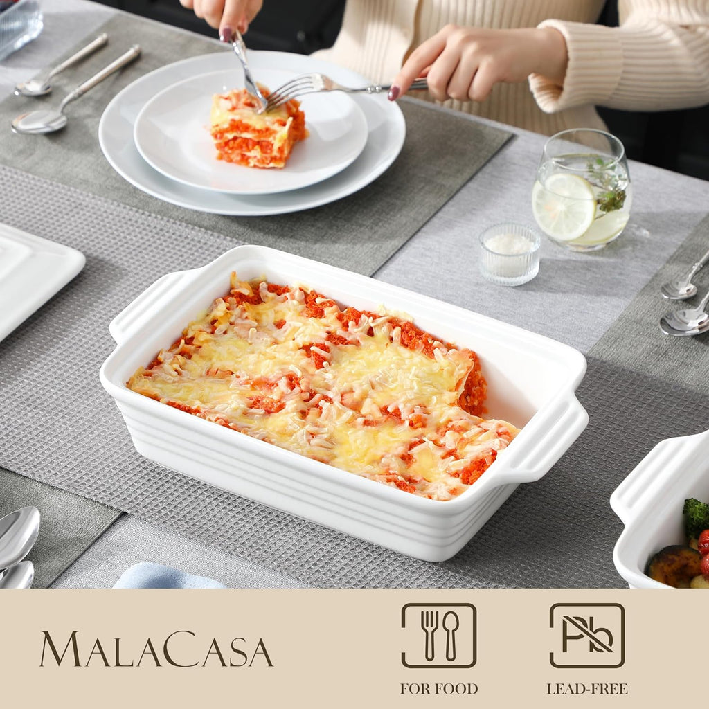 MALACASA Casserole Dish - 4.4 Qt Porcelain Baking Dish with Lid & Handles | Microwave Safe, White