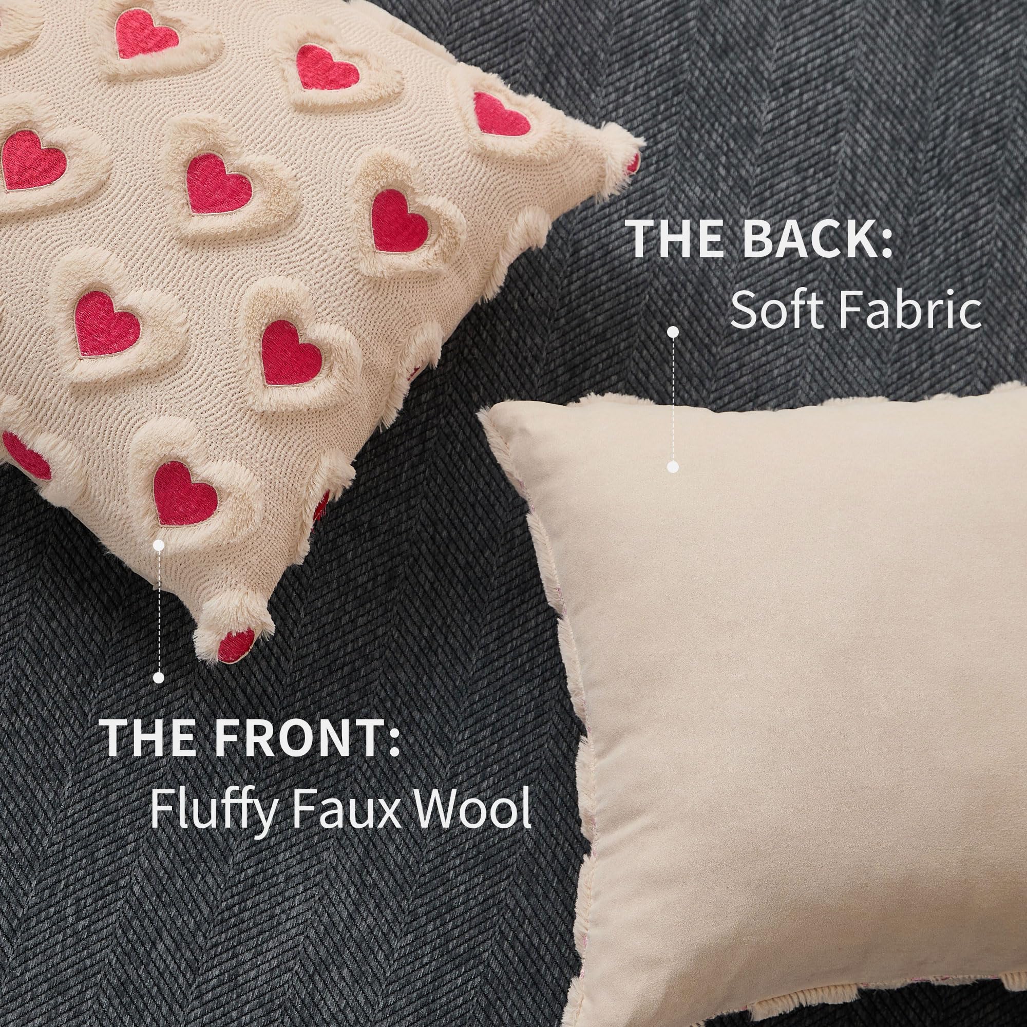 WKJZH Valentines Day Pillow Covers 18x18 Inch Set of 2 Pink Embroidery Beige Heart Decorative Beige Soft Plush Faux Wool Throw Pillows for Couch Sofa Bedroom Holiday Home Decor MRD01C45