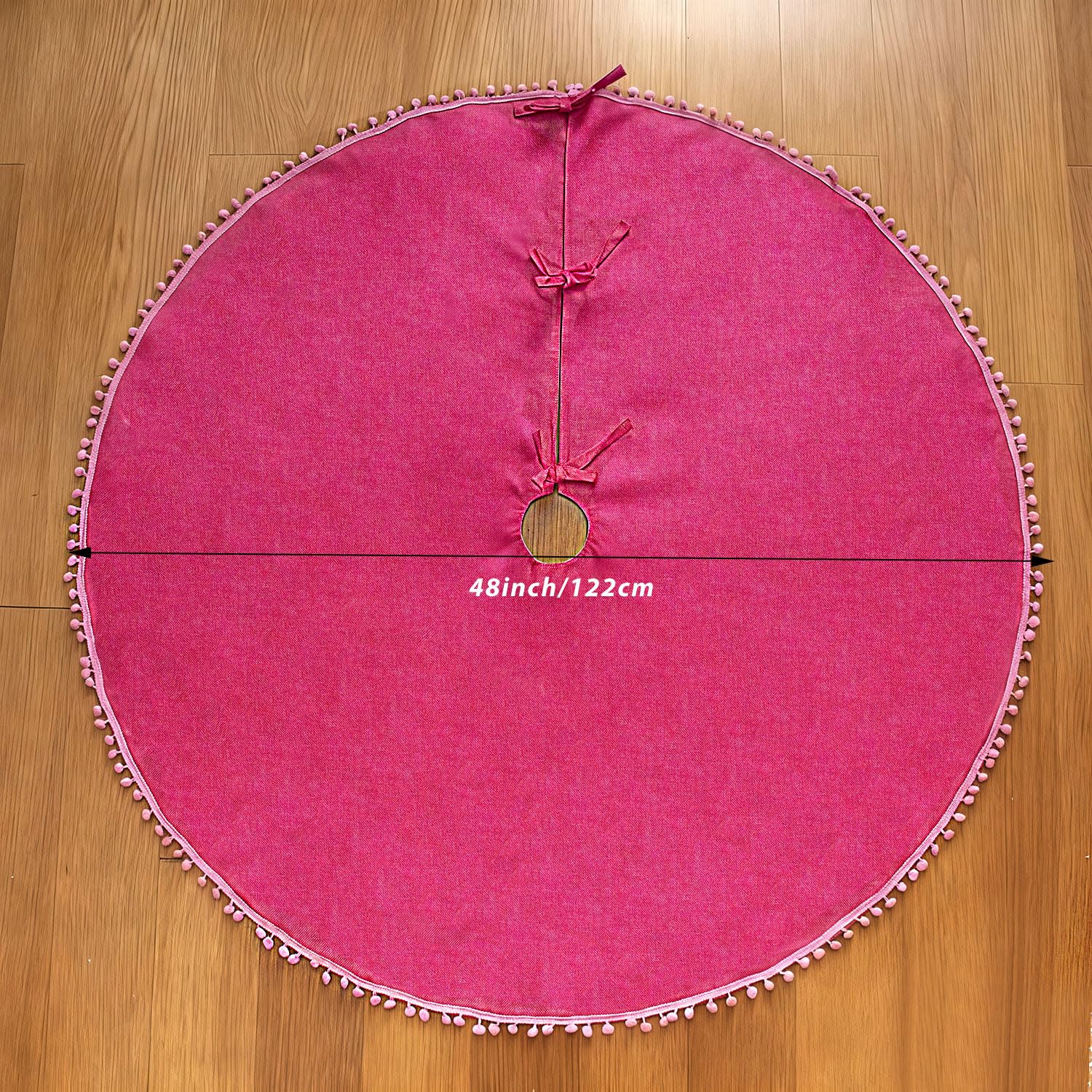 SevenFish Christmas Tree Skirt, 48 inches Large Tree Skirt Soft Double Layer Burlap Tree Skirt with Pom Pom for 6ft 8ft Christmas Tree Holiday Party Decorations, Rose Pink