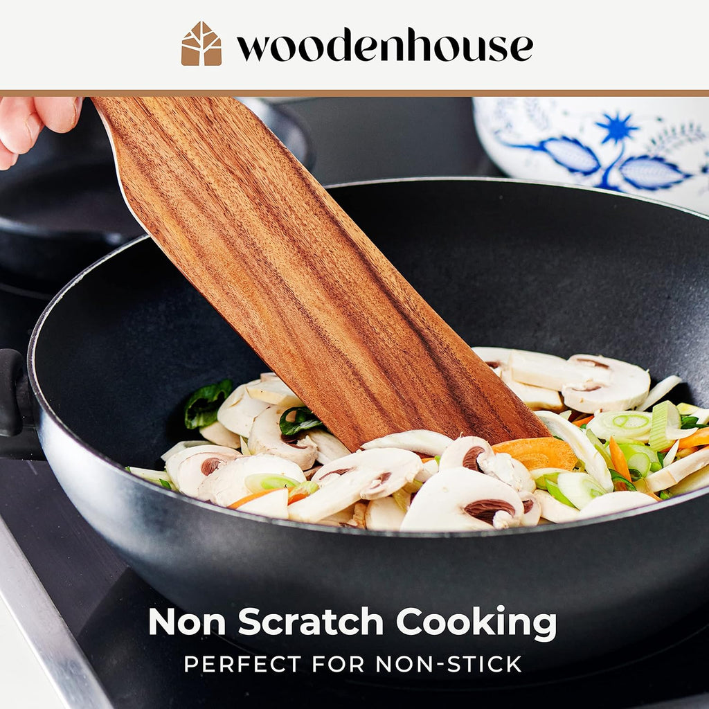 Woodenhouse Teak Spurtle Set of 5 - Versatile Kitchen Tools for Serving, Stirring, Mixing & Scraping