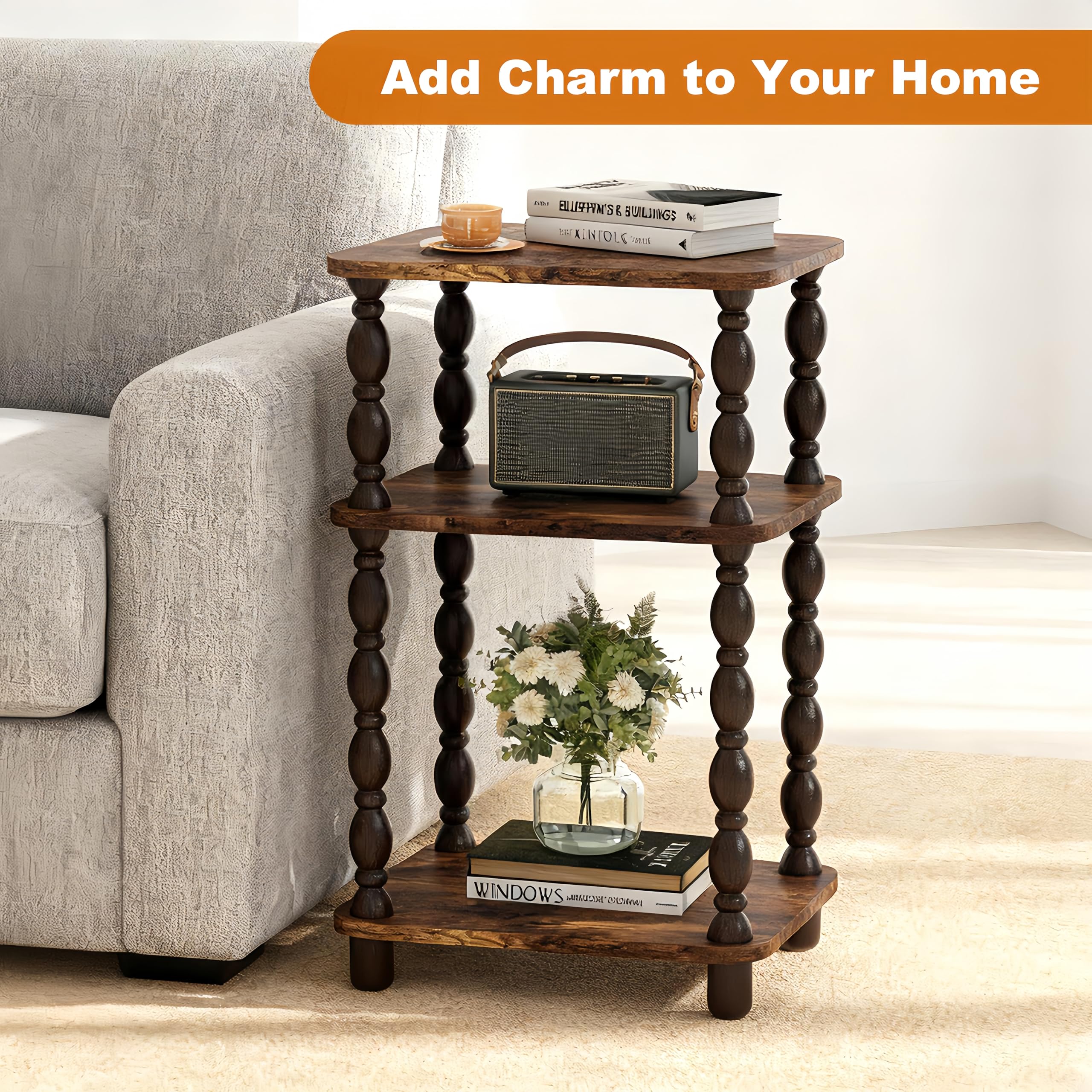 Retro End Table, 3-Tier Small Side Table, Narrow Couch Side Table for Small Spaces, Farmhouse End Table, Modern Accent Table, Skinny Bedside Table Nightstand for Bedroom, Living Room (Rustic Brown)