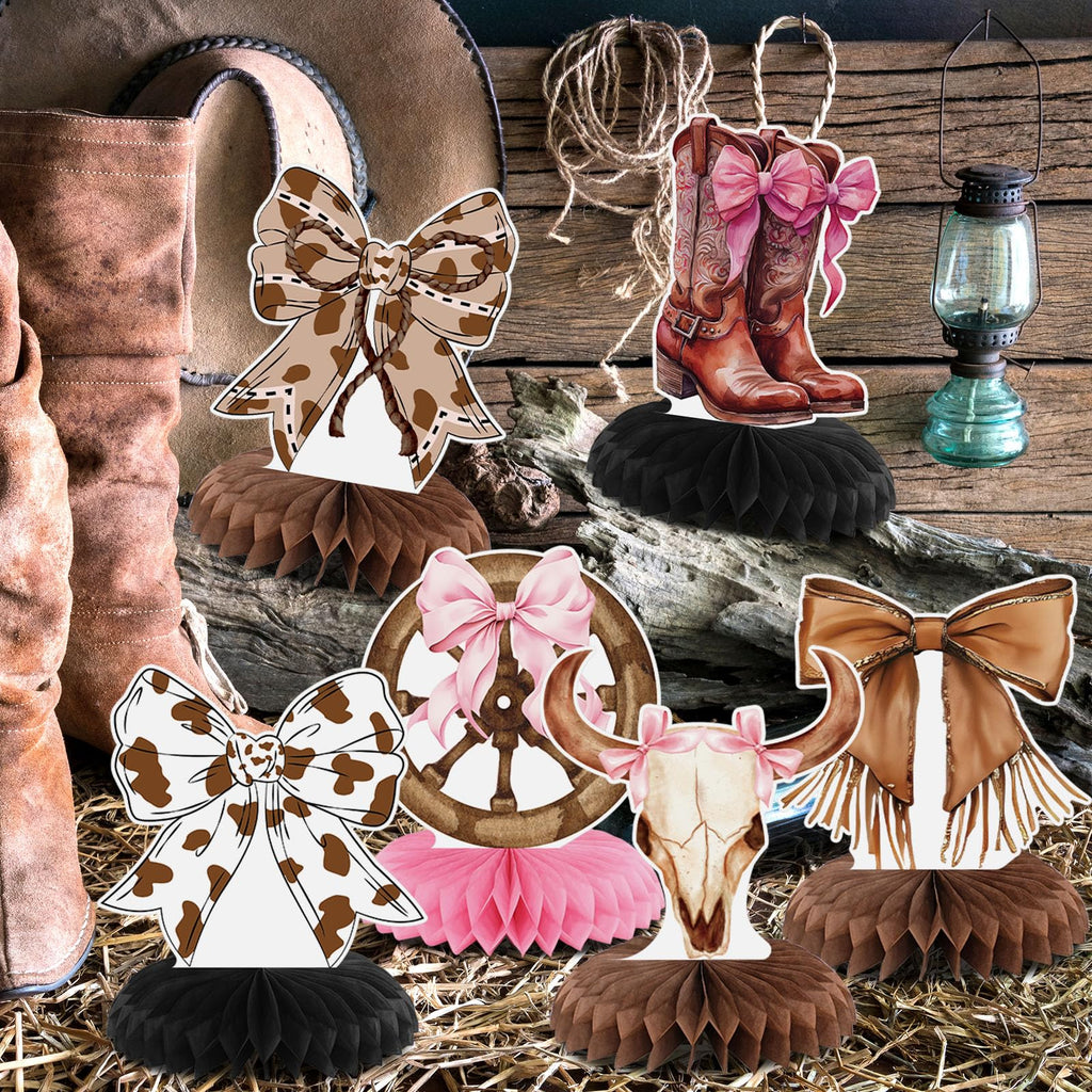 Weekgrat 9 Pcs Cowgirl Party Decorations for Table Boots or Bows Western Pink Cowgirl Honeycomb Centerpieces Coquette Rodeo Western Decor for Baby Shower Bachelorette Birthday