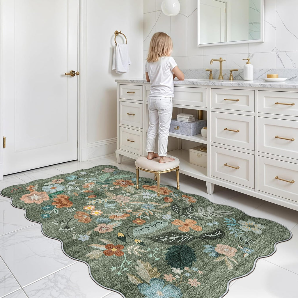 Skiennix Washable 3x5 Area Rug - Ultra Soft Low Pile Carpet with Non-Slip Backing | Floral Green Design
