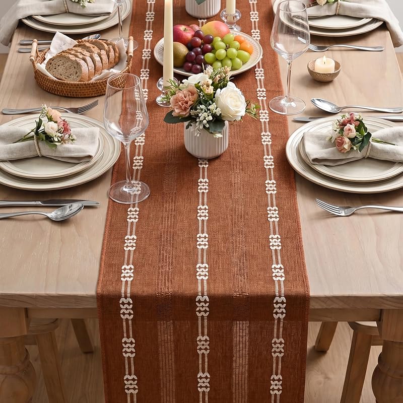 Caramel Farmhouse Embroidered Table Runner 13x60 Inch - Seasonal Fall Kitchen Decor